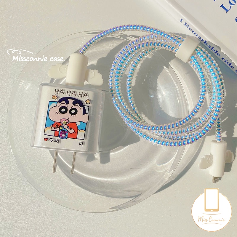 5in1 Kartun Shin-chan Chibi Maruko Cute Winnie Charger Plug Cover Kabel USB Spring Line Wrap Pelindung Kabel Data Line Cord Organize Winding Wire Tie Soft TPU Cover Untuk Android Type-C