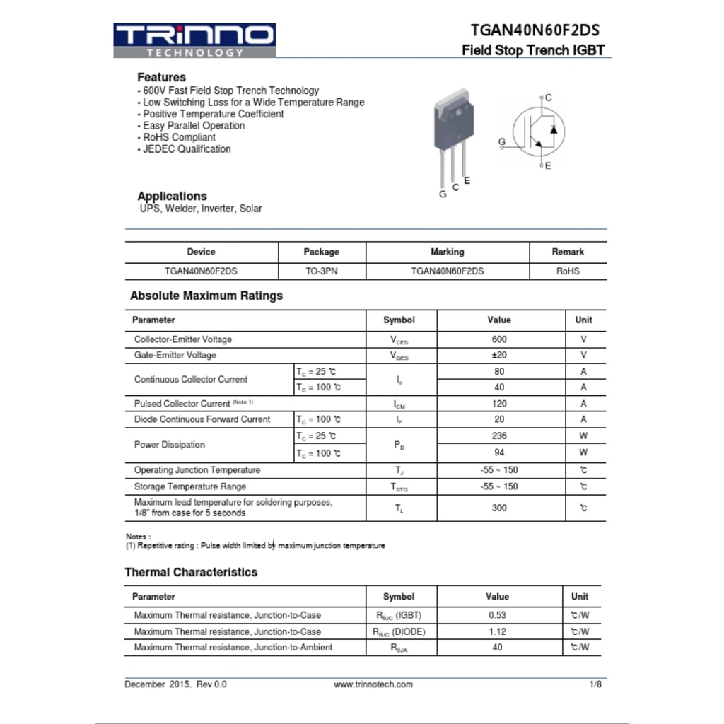 IGBT 60N60 TRINNO TRANSISTOR MESIN LAS ORIGINAL TRINNO