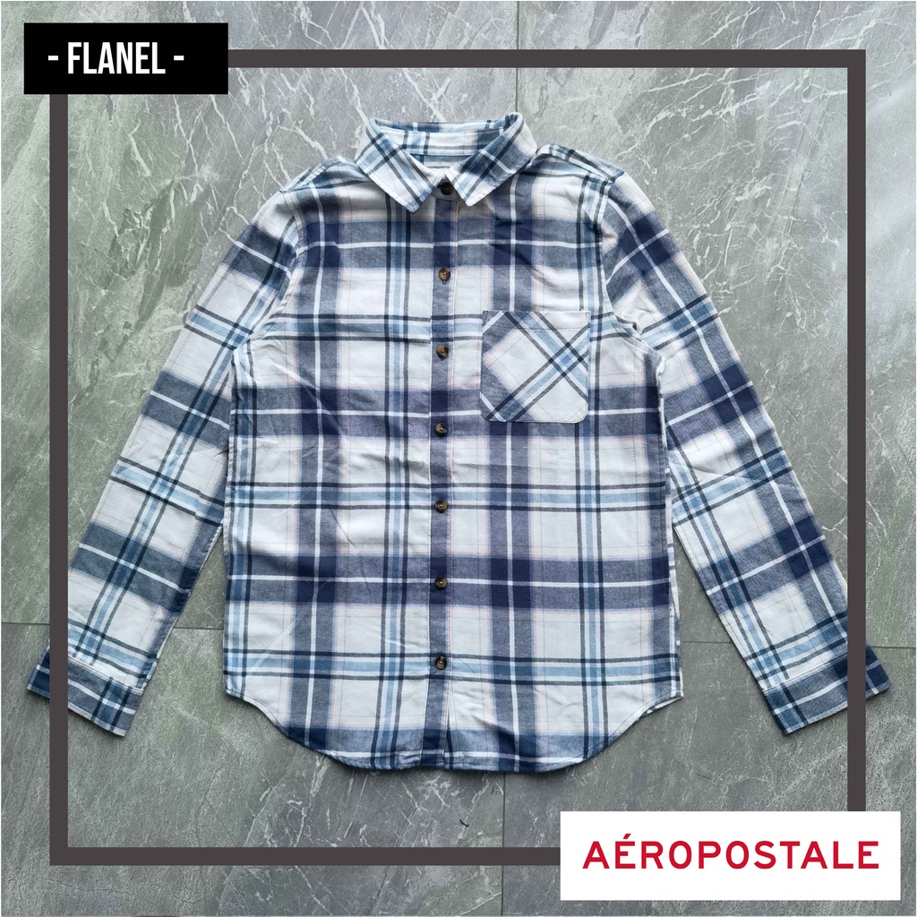 Kemeja Pria AEROPOSTALE Flanel Panjang Putih Abu Kotak ORIGINAL