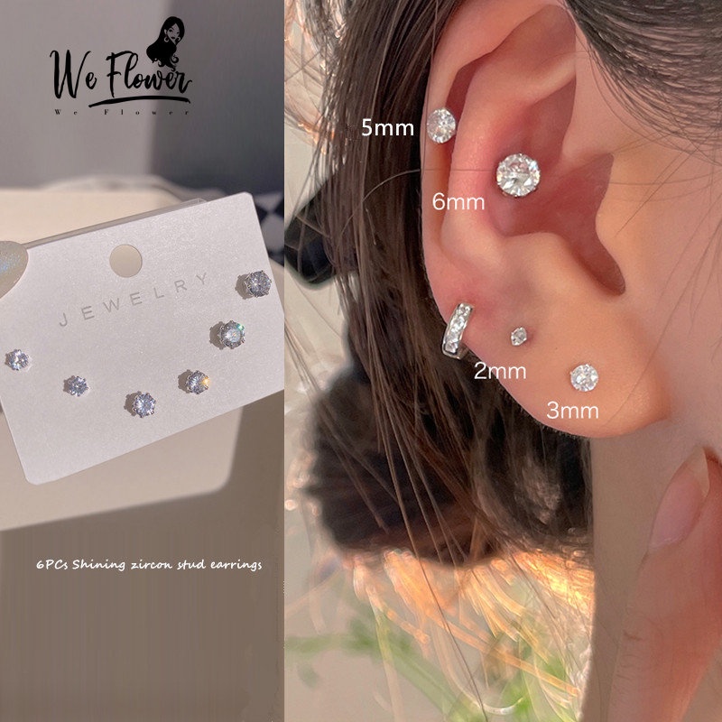 We Flower 6 Pcs Chic s925 Silver Bersinar Zirkon Stud Anting-Anting Set Untuk Wanita Perempuan Elegan Pertunangan Pesta Kristal Anting-Anting Telinga Perhiasan