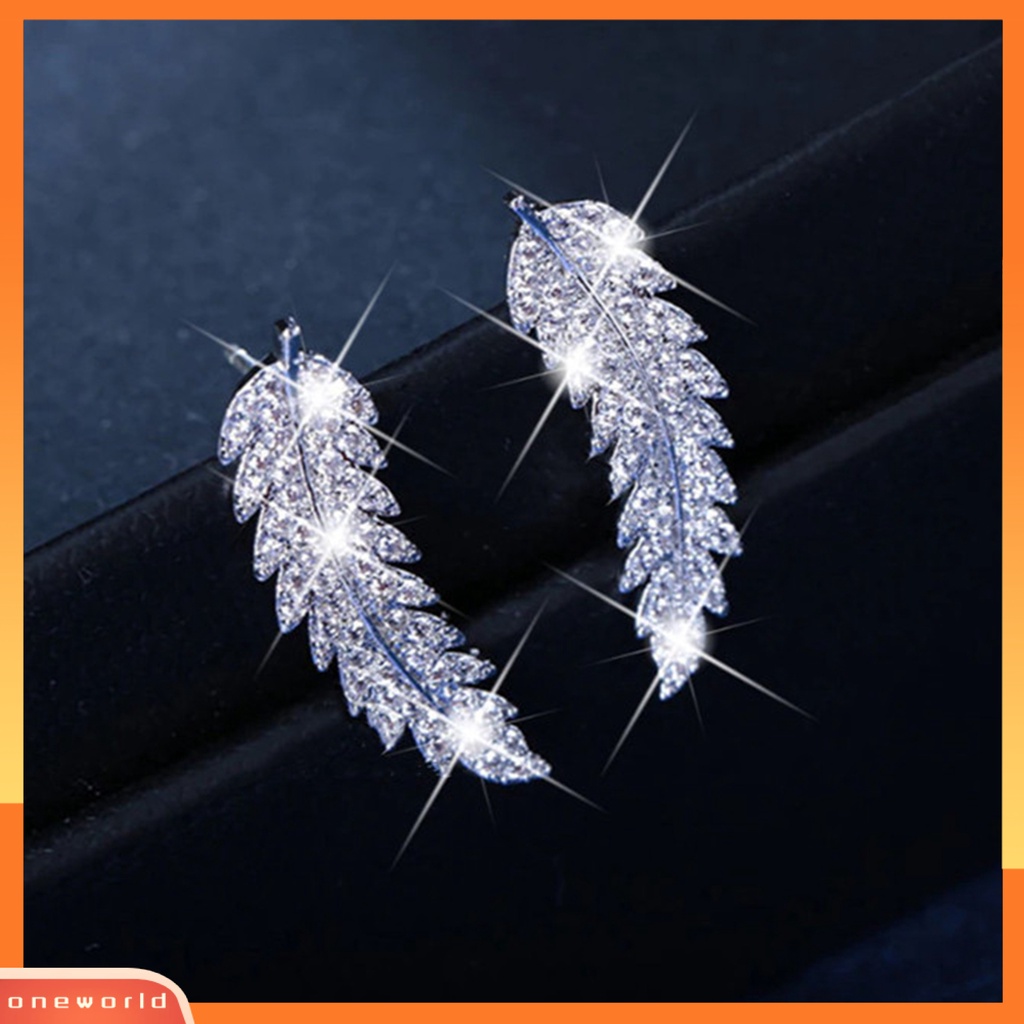 [WONE] 1pasang Wanita Anting Daun Berlian Imitasi Perhiasan Electroplating Sparkling Stud Earrings Untuk Pernikahan