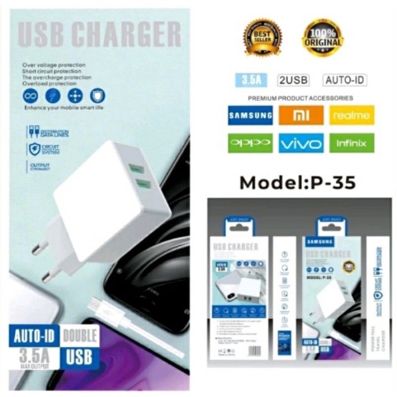 Charger P35 Travel Charger Branded 2Usb 3.5A For Micro Usb