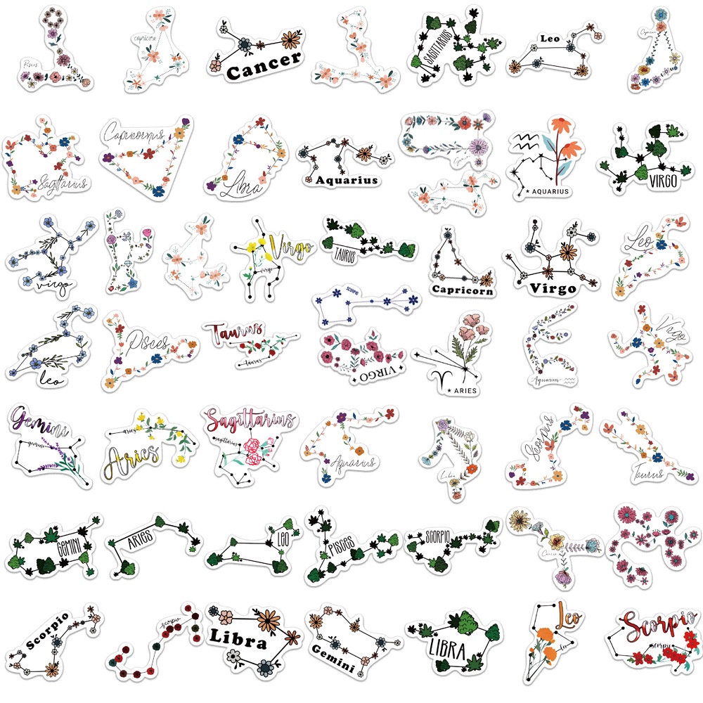 52pcs/set Konstelasi Gaya Bunga Graffiti Stiker Koper Gitar Notebook Laptop DIY Tahan Air Stiker