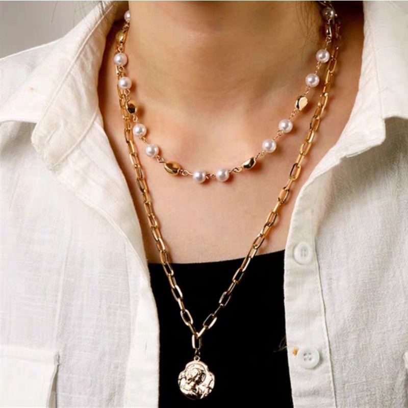 Kalung Rantai Bandul Mutiara Multilayer Double Layer Anti Karat