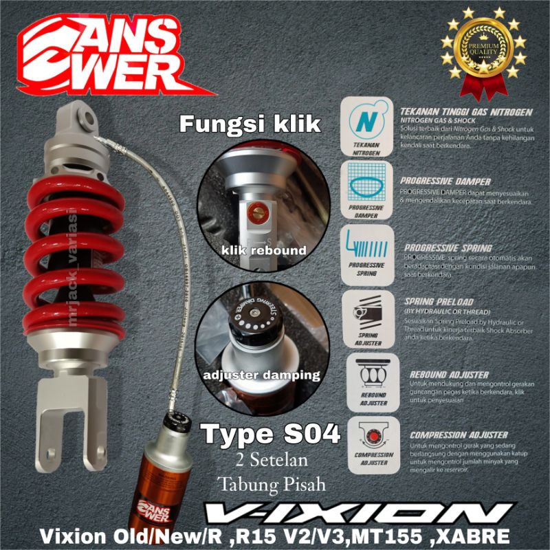 Shock Answer Vixion Old/Vixion New/Vixion R/R15 V2/V3/MT155/Xabre/XSR155 Type S04 Tabung Pisah Doubl