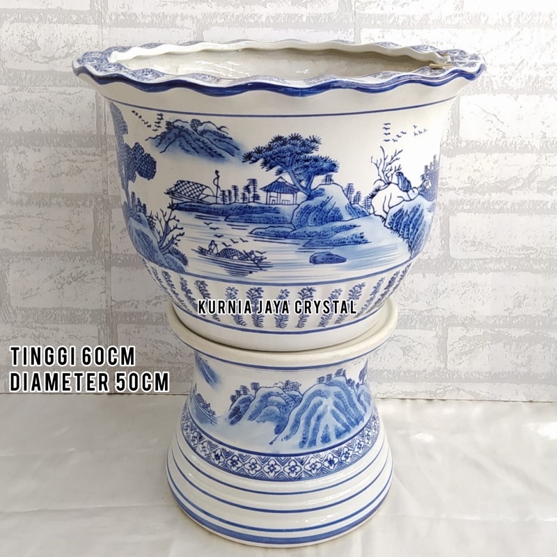 Pot Tanam Keramik Biru Putih set tatakan Motif Pemandangan/ Pot Keramik Biru Putih Pemandangan
