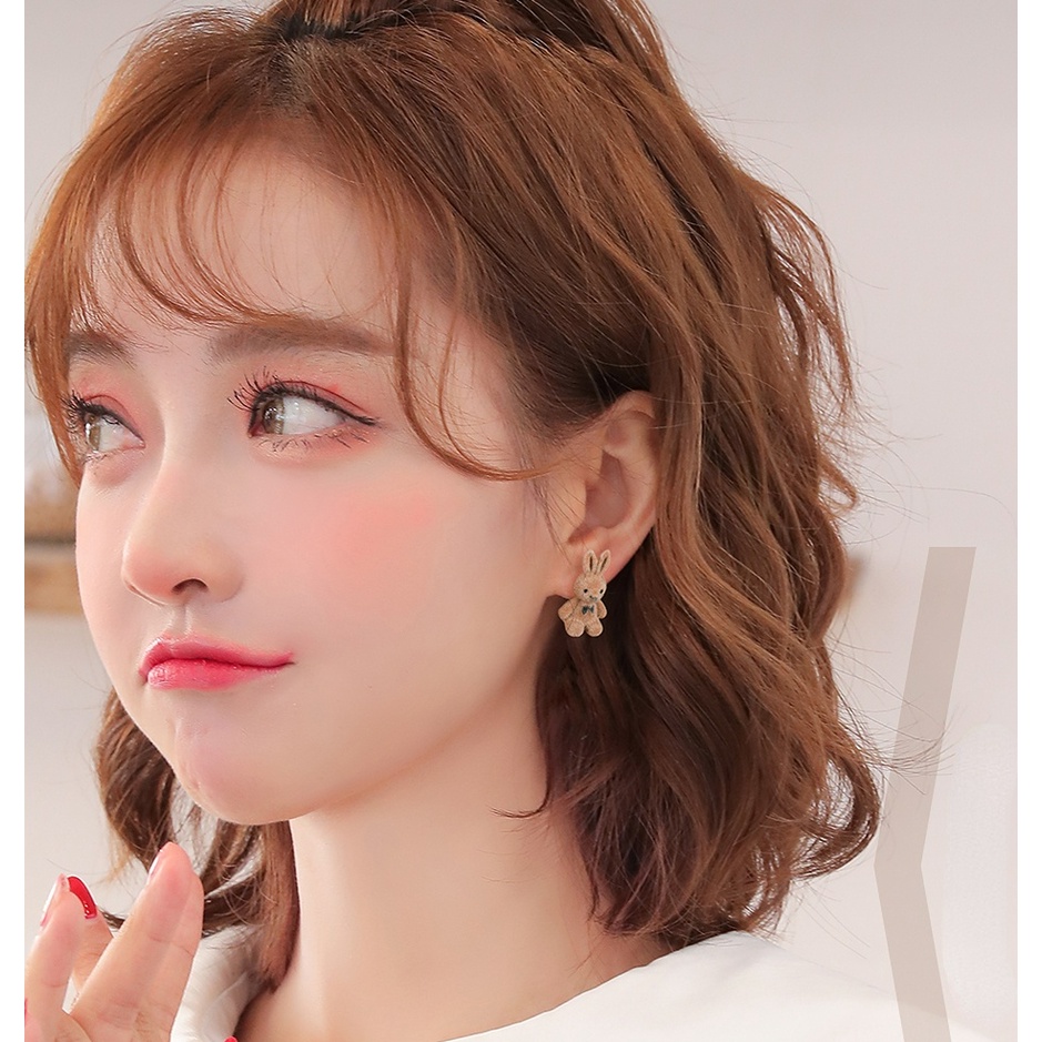 Korea Indah Beruang Coklat Beruang Kelinci Kecil Beludru Anting-Anting Mewah Sterling Silver Earrings Fashion Accesssory