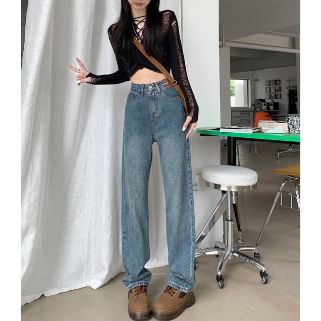 Korean Highwaist Loose Celana Panjang Jeans Wanita