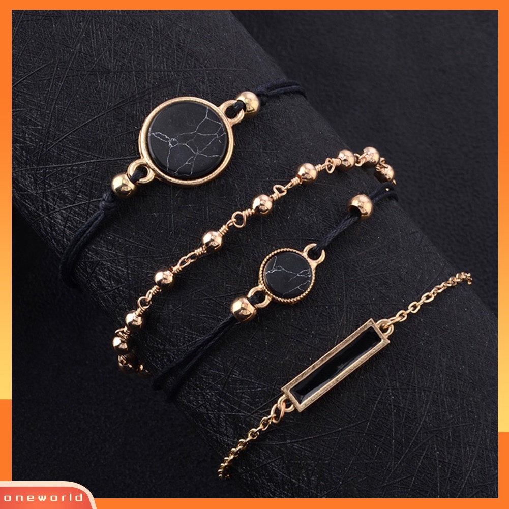 [WONE] 4pcs/set Wanita Bohemian Bulat Bar Batu Pesona Gelang Tali Rantai Bangle Perhiasan