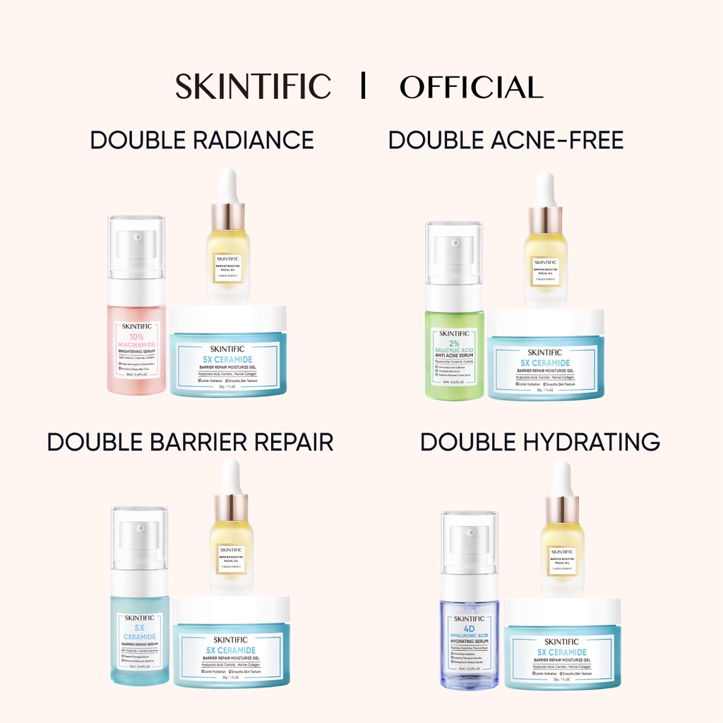 SKINTIFIC 3 pcs Sets | Double Radiance Set Moisturizer + Facial Oil + Niacinamide Serum/ Double Acne-free Set Moisturizer + Facial Oil + Acne Serum  / Double Barrier Repair Set Moisturizer + Facial Oil + Ceramide Serum/ Double Hydrating Set