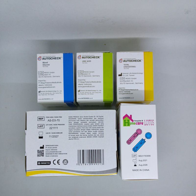 strip Autocheck Gula Kolesterol Asam urat paket alkohol swab dan jarum