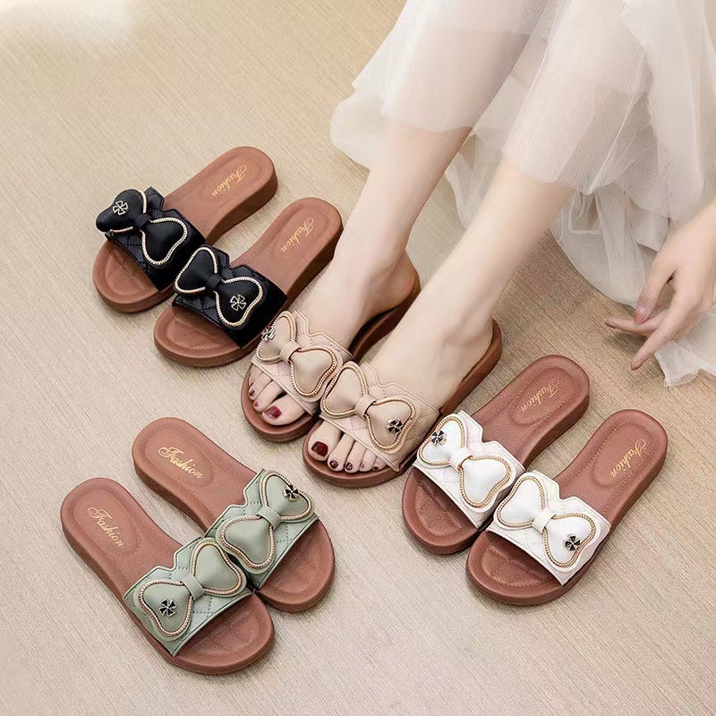 Sandal Slop Flat Sandal Wanita Slip On Fashion Korea Style Motif Pita Sandal Kasual Nyaman Lentur Empuk PVC Azgalery SPT-33