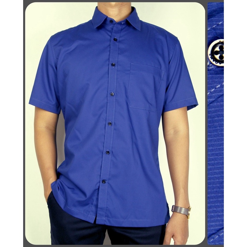 Kemeja Pria Reguler Stanley Adams Lengan Pendek Biru Tekstur Salur 18 | Hem Pria Reguler | Kemeja Branded Original 100% Matahari