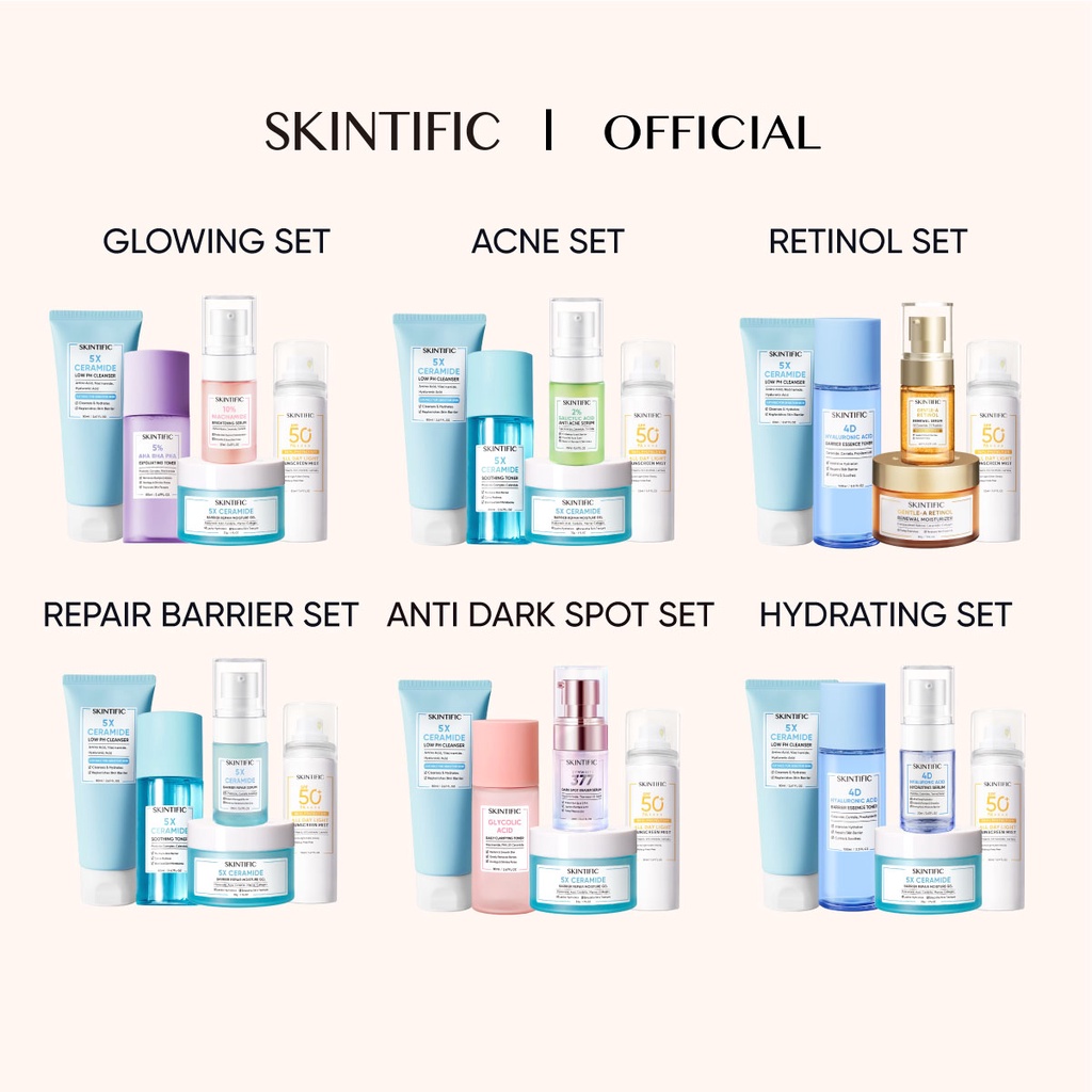 SKINTIFIC 5pcs with sunscreen Spray- Paket Skincare Low pH Cleanser +
Moisture Gel + Exfoliating Toner / Soothing Toner + Brightening Serum /
Anti Acne Serum / Barrier Repair Serum / Hydrating Serum
