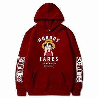 Jaket Sweater Hoodie One Piece Monkey D Luffy NOBODY CARES Maroon Premium