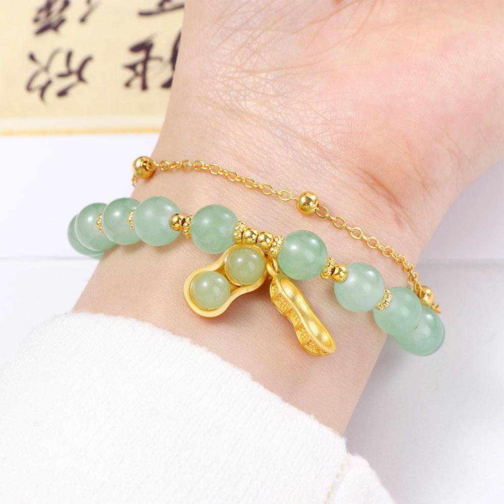 Mxbeauty Gelang Manik Lucu Perhiasan Hadiah Gaya Cina Perhiasan Emas Zamrud Gelang Rantai Ganda Kacang Hijau Liontin Liontin Perempuan Tangan Rantai