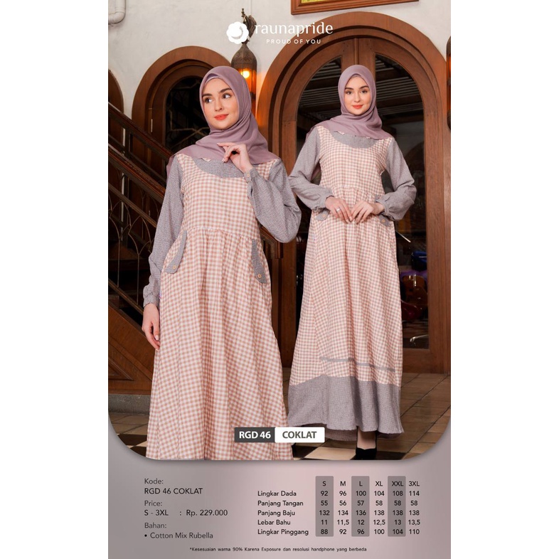 Rauna Gamis RGD 46 - RGA 46 - RGR 46 COKLAT / Fashion Muslim Gamis Dewasa - Anak - Remaja / Baju Muslim