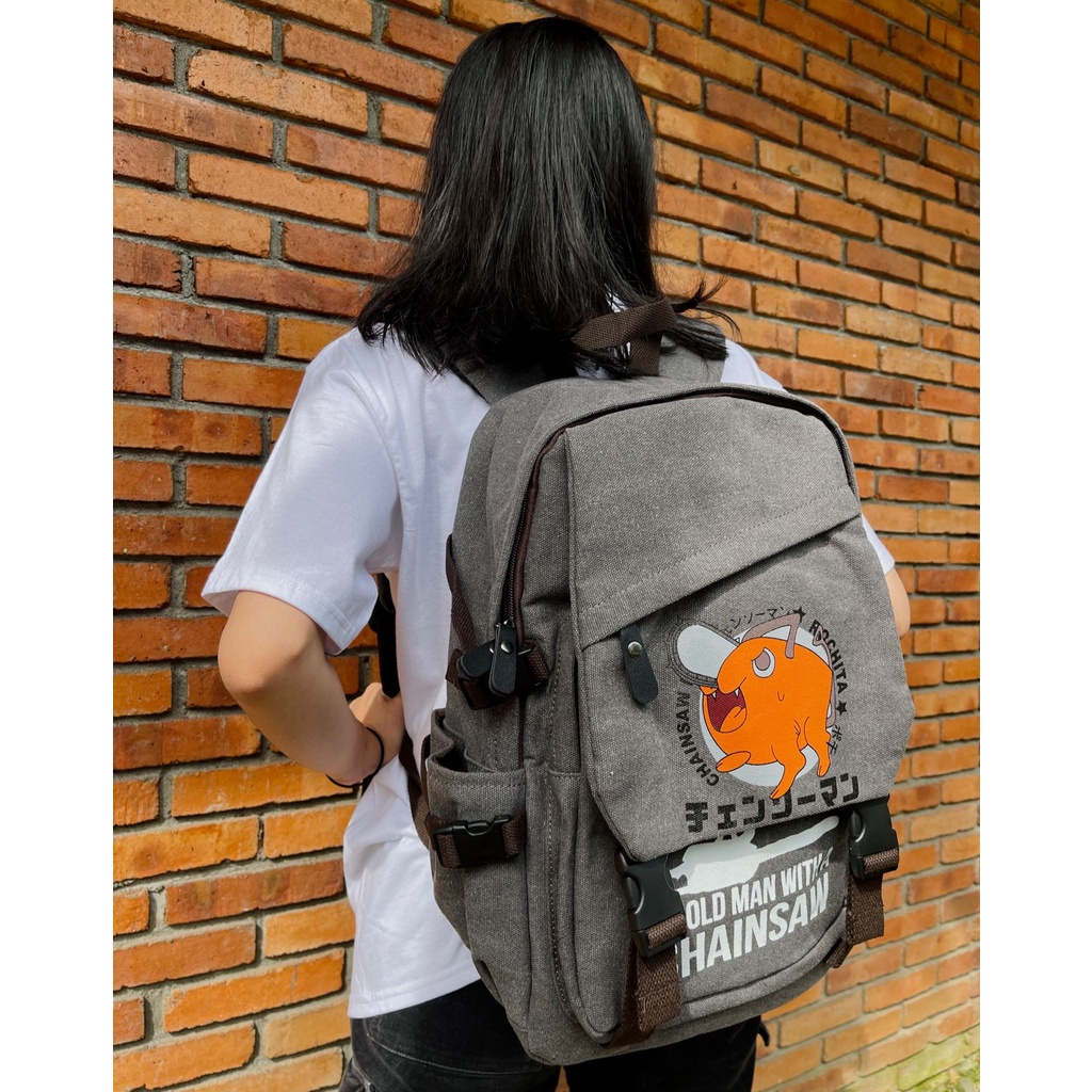 Bagpack Pochita Kanji Canvas Grey Anime Manga Chainsaw Man Premium Unisex