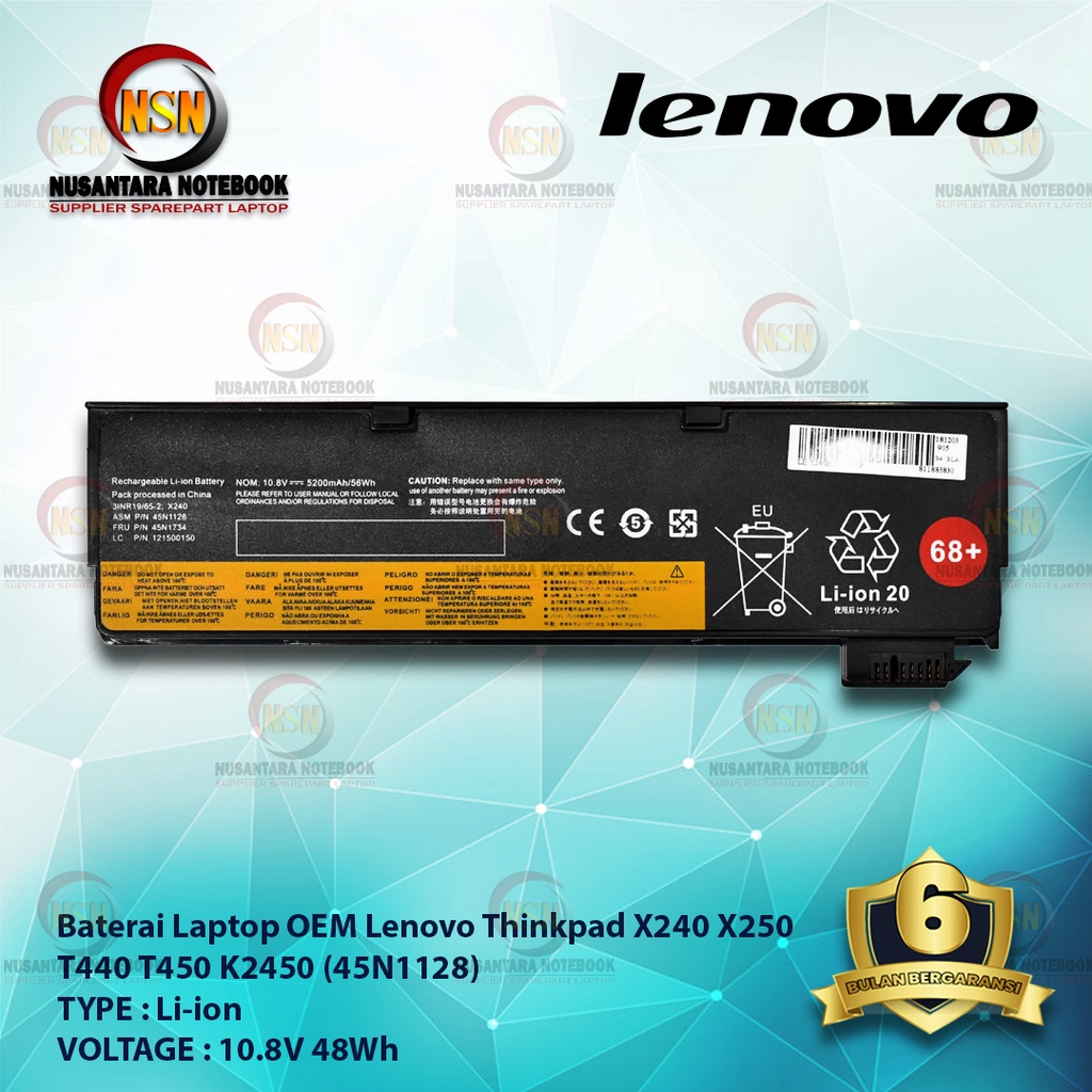 Baterai OEM Lenovo ThinkPad X240 X240S X250 X260 X270 45N1128 45N1736 68+ 10.8V 48Wh