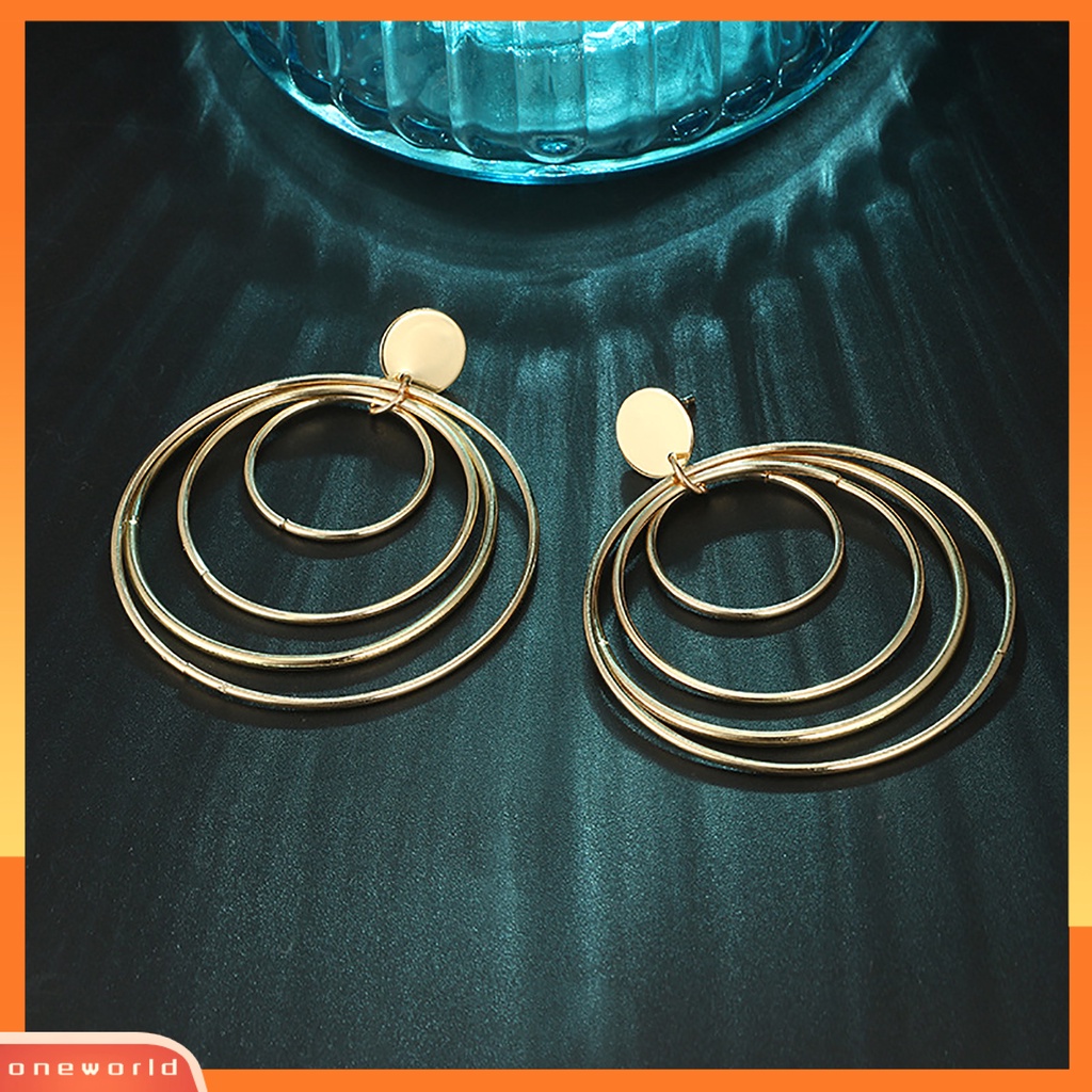 [WONE] Kawat Ear Loop Spring Geometri Multi-circle Retro Berlebihan Anting Paduan Emas Untuk Anniversary