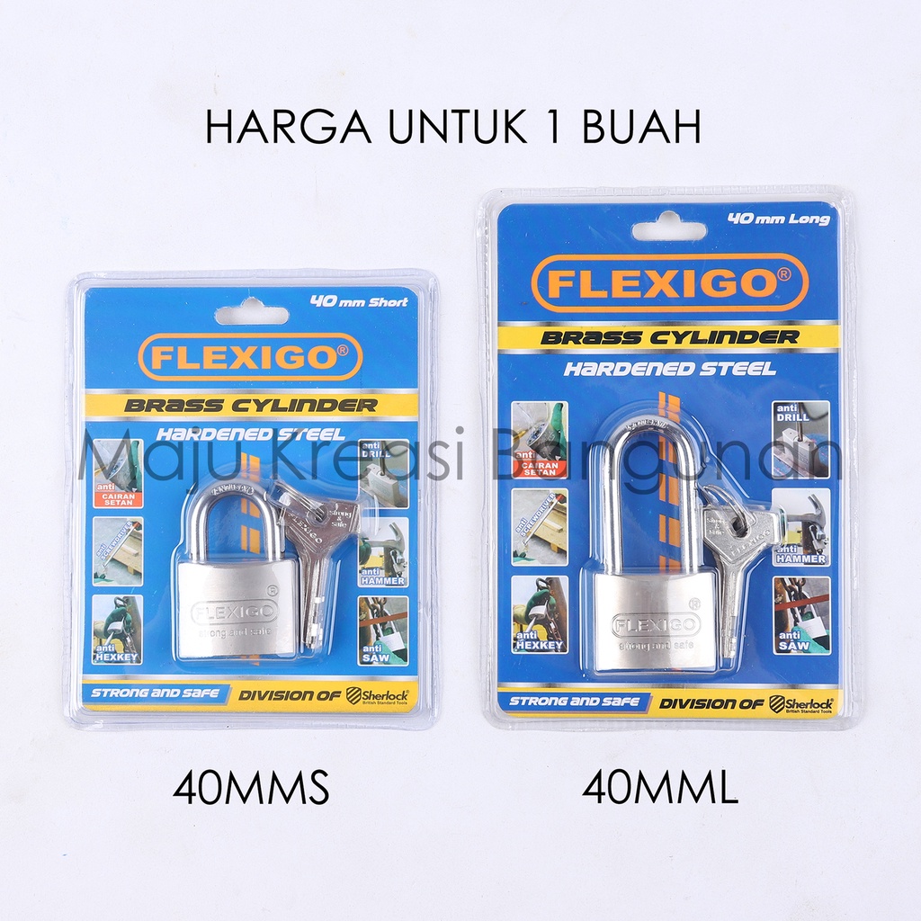 Gembok Flexigo Kuningan Brass 40mm Panjang Pendek Pagar Rumah Ruko Sherlock 40 mm Anti Cairan Setan Screwdriver Hex Key Drill Hammer Saw Bor Gergaji Palu