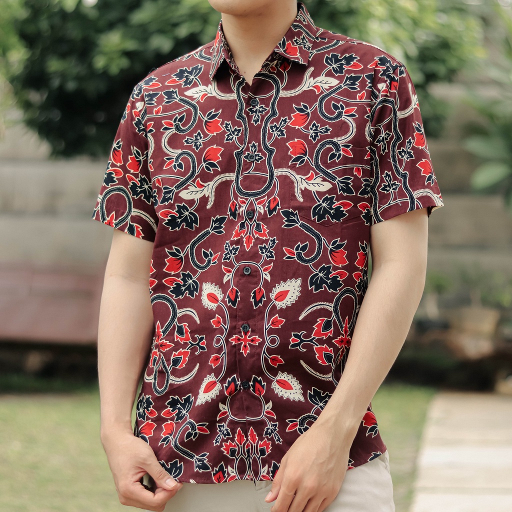 BatikBule Kemeja Batik Slimfit Pendek Motif Casual Warna Maroon &amp; Hijau LBS 1857 &amp; 1858