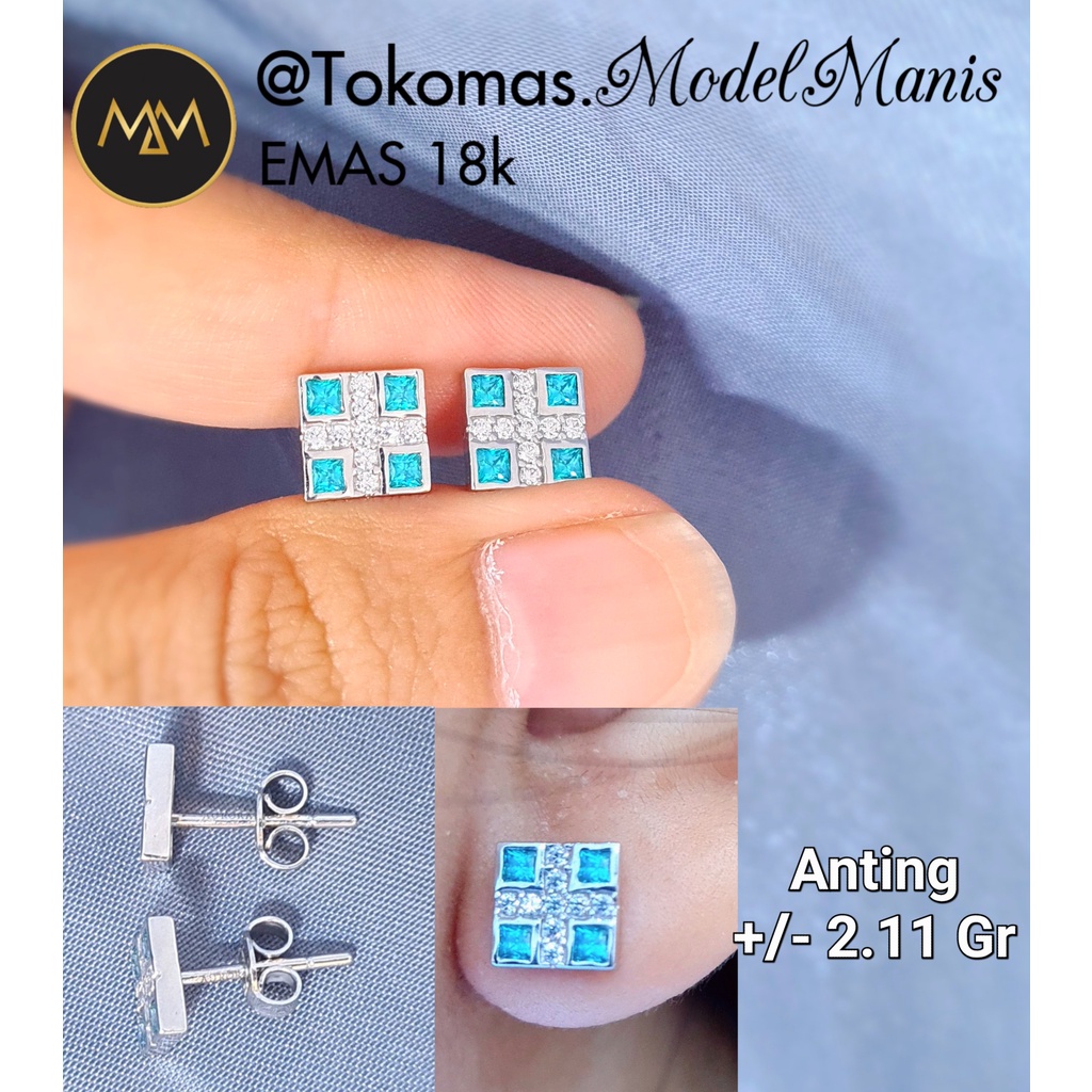 Anting tusuk giwang kotak biru laut emas putih 750 kadar 17 K