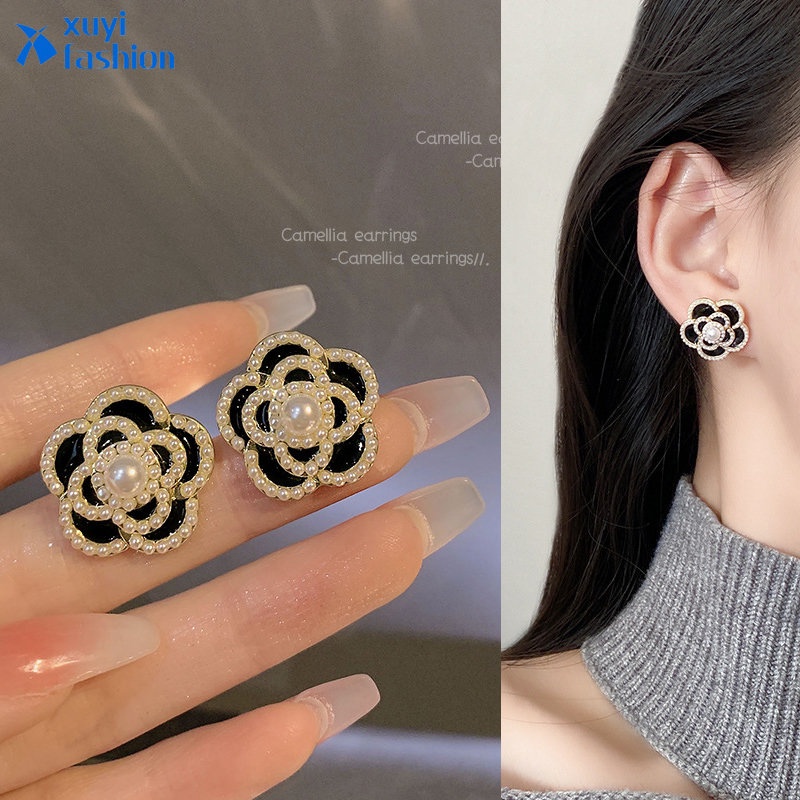 Anting Tusuk Mutiara Anting Bunga Warna Hitam Untuk Aksesoris Perhiasan Wanita