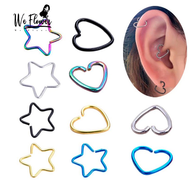 We Flower 1 Pc Perak Hitam Emas Stainless Steel Bintang Hati Anting Tindik Untuk Wanita Pria Gaya Punk Bibir Hidung Cincin Sederhana Fashion Hoop Earring Perhiasan