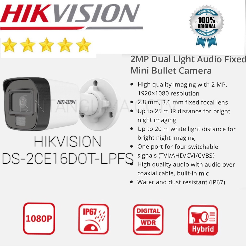 CCTV HIKVISION OUTDOOR 2MP DS-2CE16DOT-LPFS COLORVU + MIC ORIGINAL