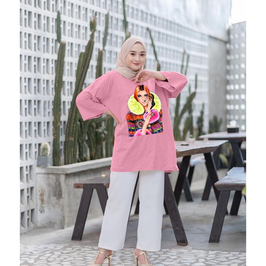 KAOS OVERSIZE TOP HIJAB WANITA BASIC DTF CEWEK SHAL / OVERSIZE SLIT BLOUSE GAMBAR DTF / DIGITAL PRINT