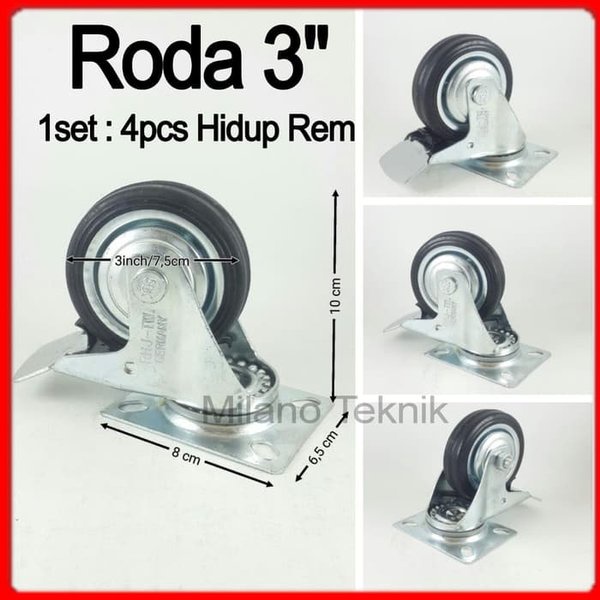 Roda Troli 3 inch 1set 4 Hidup Rem Roda Karet 3inchi etalase 3 inch roda 3 roda gerobak