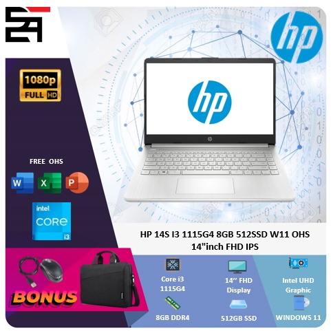 HP 14S I3 1115G4 8GB 512GB SSD W11 OHS 14 inch FHD IPS Garansi 2 tahun