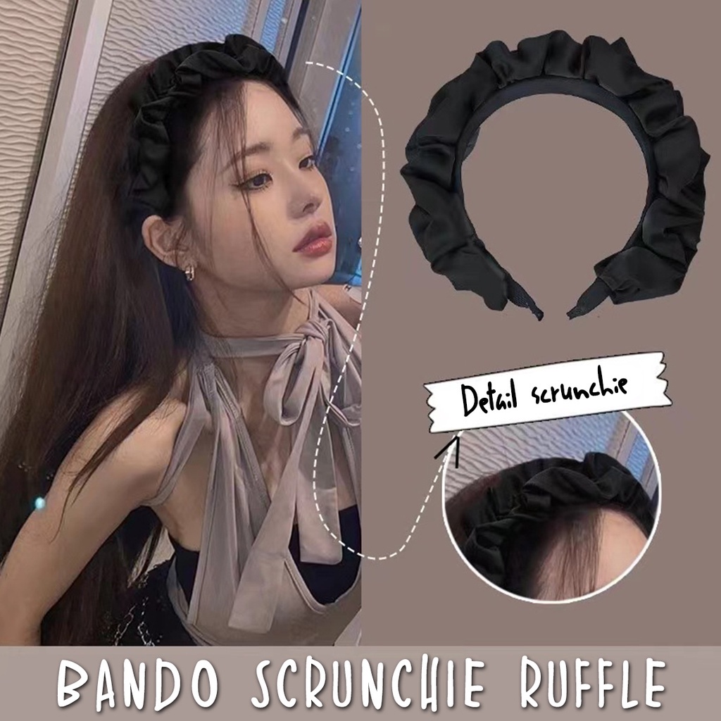 Bando Scrunchie Wanita Korea Motif Polos Bandana Kerut Ruffle Silk Satin Aksesoris AK264