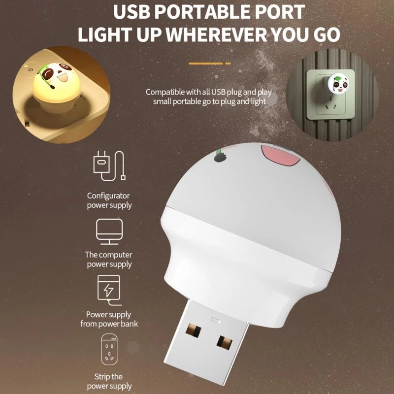 Colokan USB Lampu Malam LED Mini Ekspresi Panda Lampu Perlindungan Mata Darurat Portabel Rumah Tangga Kamar Tidur Pencahayaan Indoor