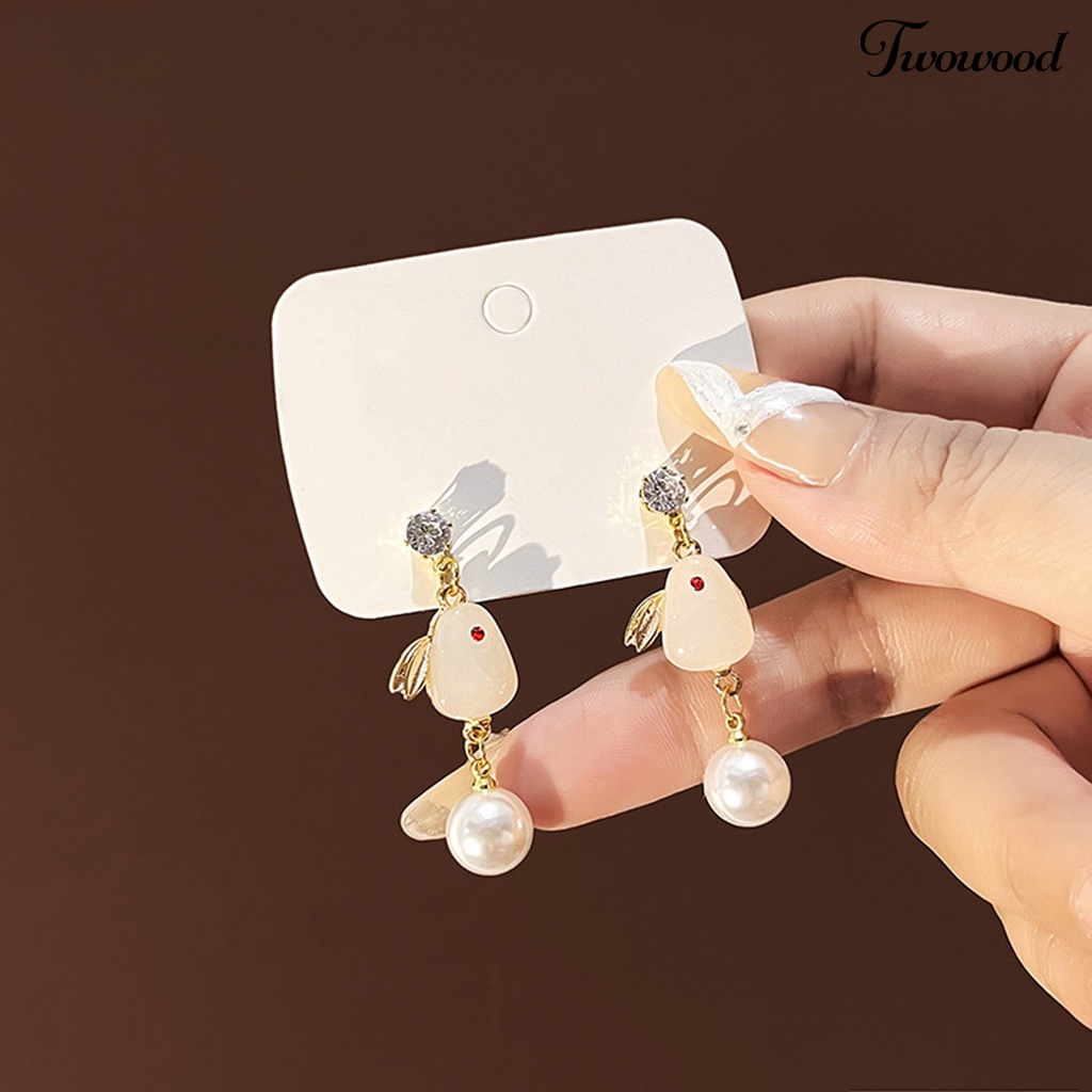 Twowood 1pasang Anting Tusuk Wanita Realistis Tidak Alergi Faux Pearl Bunny Drop Earrings Untuk Pacaran