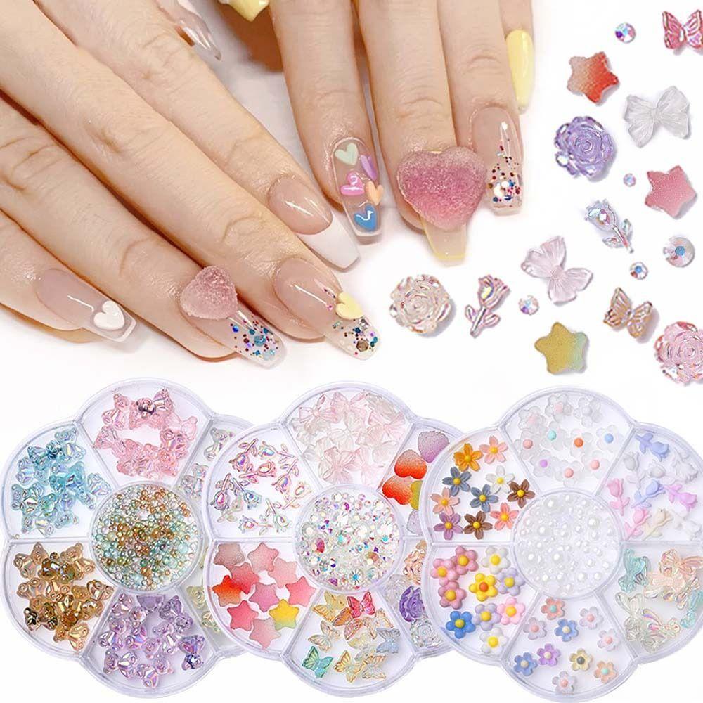 AUGUSTINA Agustina Dekorasi Kuku Resin 7Grids Ikatan Simpul Manikur Aksesoris Bunga Beruang Nail Art Perhiasan