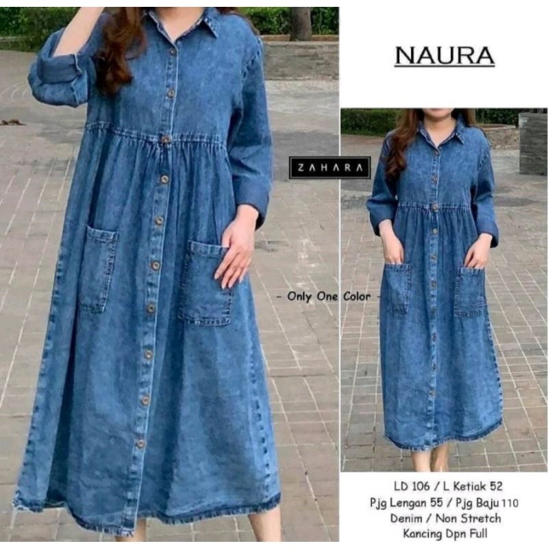Naura Midi Dress Jeans Denim Allsize Kancing Depan Busui Friendly Long Tunik Jeans Terbaru Kekinian