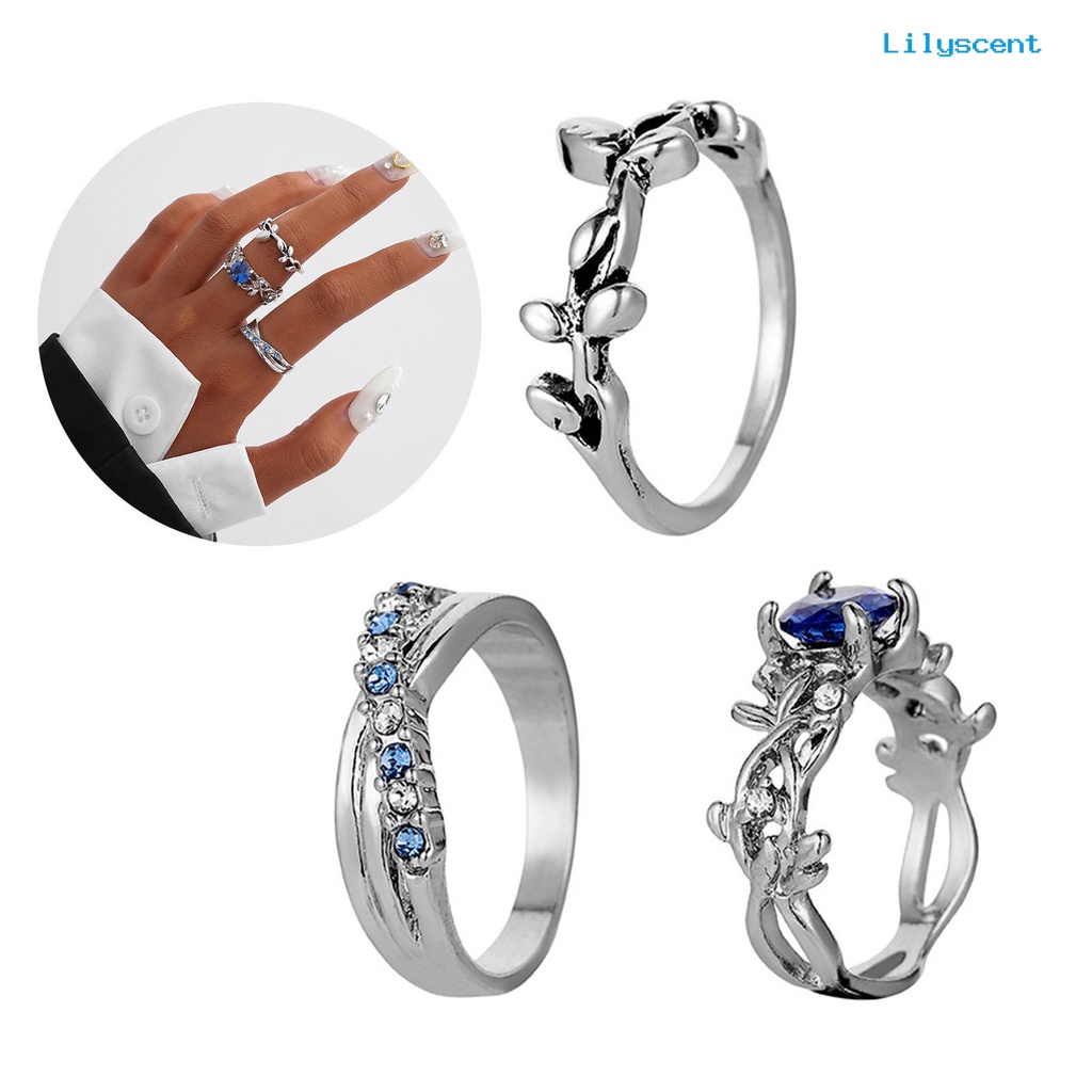 [LS]3Pcs Wanita Cincin Bunga Perhiasan Permata Imitasi Bersinar Stackable Knuckle Rings Untuk Pesta Perjamuan Prom