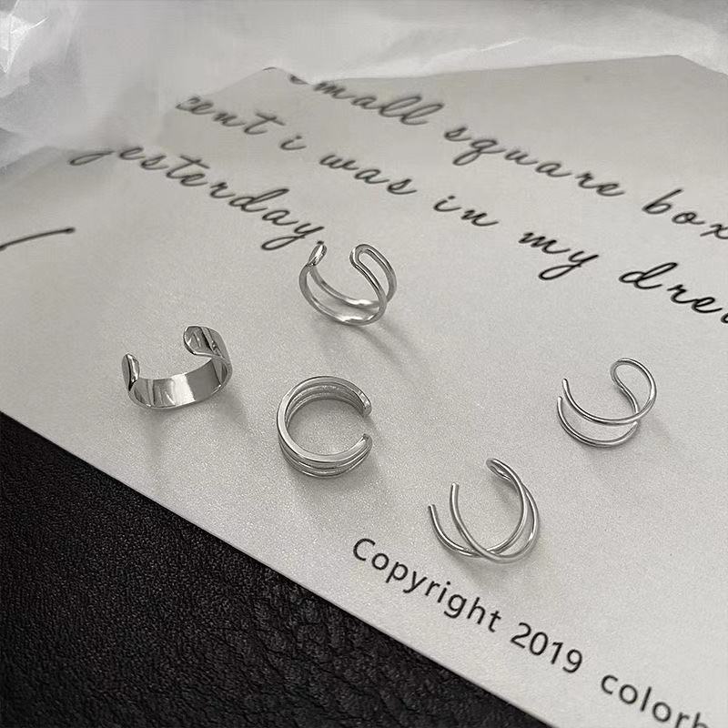 3pcs/set Anting Klip Silver Simple Set Untuk Aksesoris Perhiasan Wanita