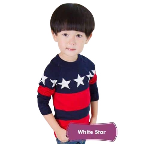 TokoMilkan - Atasan Baju Anak Laki Laki WHITE STAR Umur 3-5 Tahun Bahan Rajut