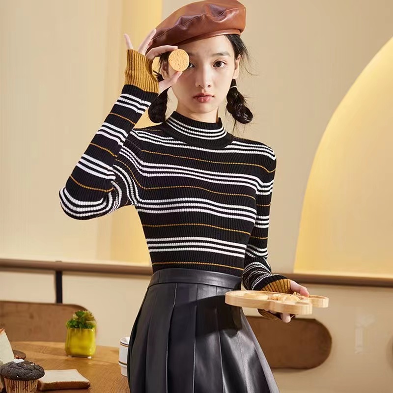 Alya Top Turtleneck Stripes Long Sleeve Knit Import - Atasan Rajut Wanita Blouse Lengan Panjang TM (M3707)