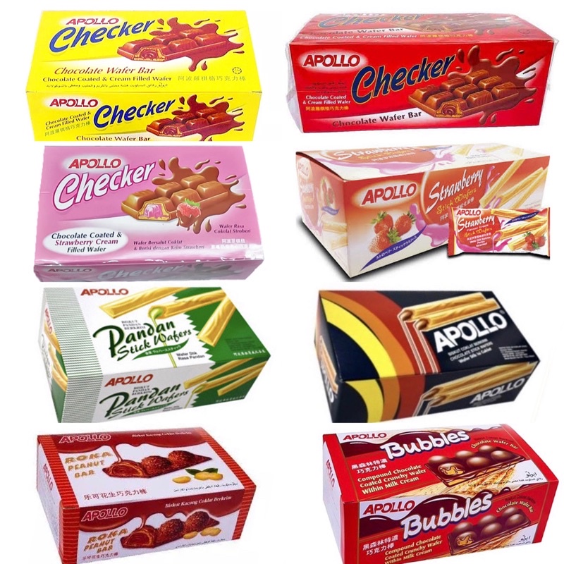 

Apollo / Stick / Wafer / Cokelat / Pandan / Strawberry / Checker / Bubble / Roka / Peanut / Bubbles / Chocolate / Bar / stik / merah / kuning / Malaysia / Import