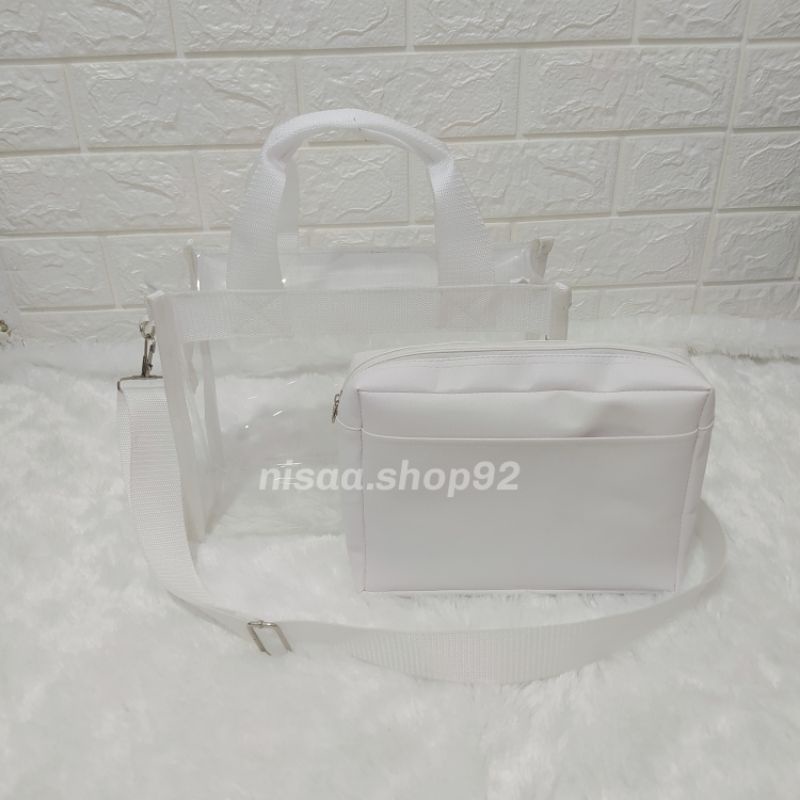 Tas tote bag resleting pvc transparan mica kanvas pouch/tas konser serbaguna