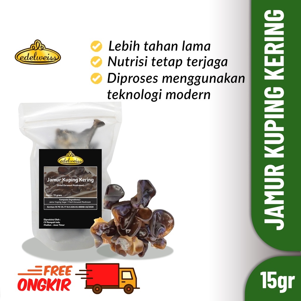 

Edelweiss Jamur Kuping Kering Murni Kemasan Ekonomis 15gr (Dried Earwood Mushroom)