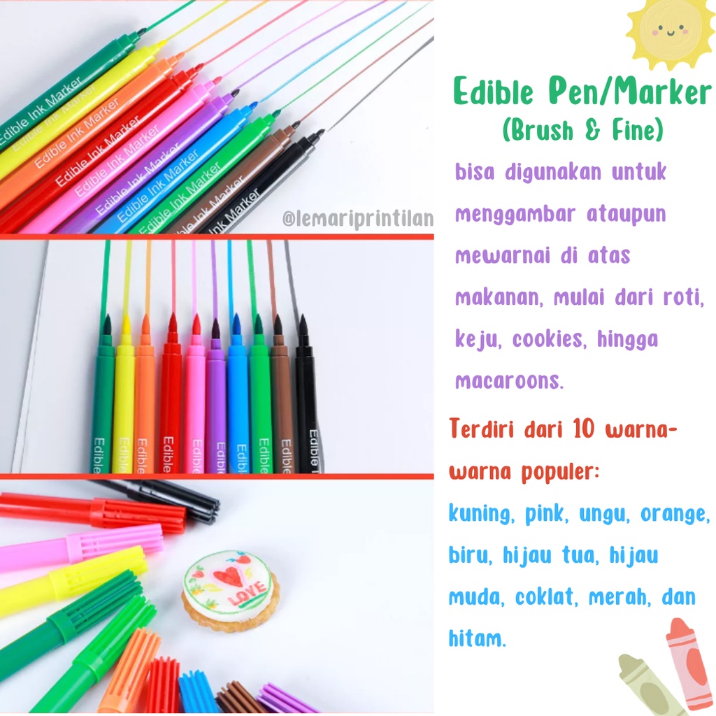 

LP HIASAN BEKAL EDIBLE FOOD PEN MARKER BAKING DECORATOR COLOR PENS DUAL TIP BRUSH & FINE BLACK SIAP