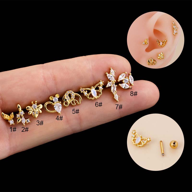 1pc Anting Tindik Hypoallergenic Bentuk Monyet Gajah Lebah Butterfly Bahan Stainless Steel Ukuran 20Gauge