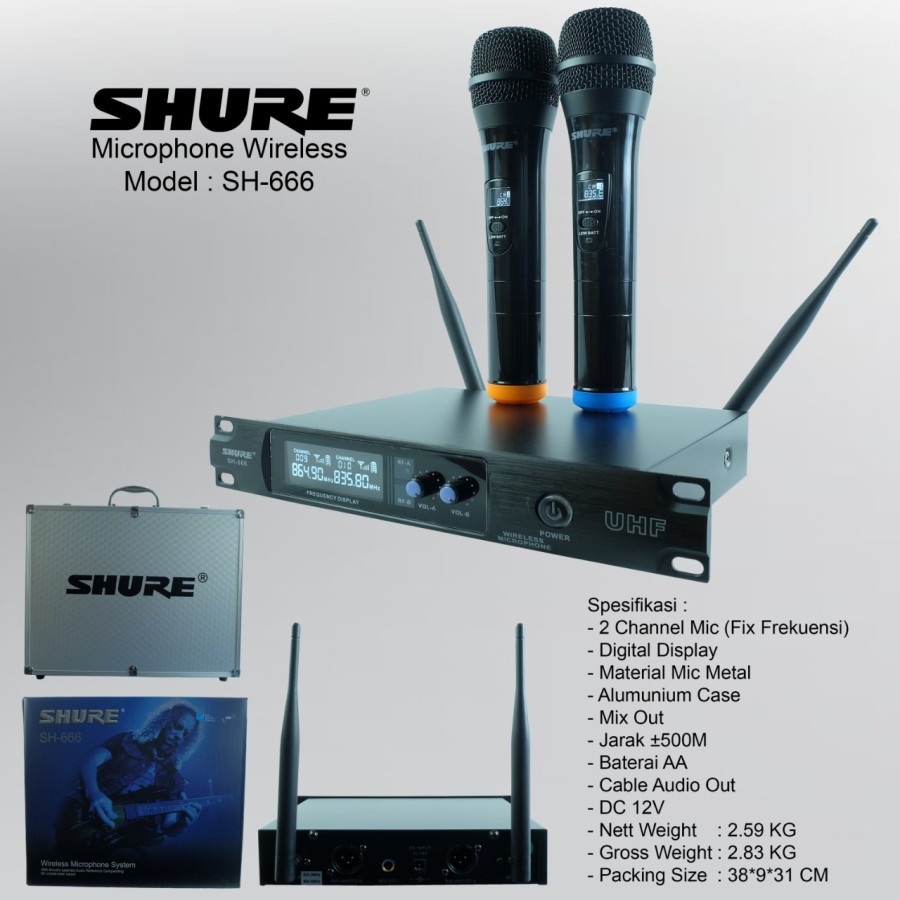 Mic wireless UHF 2 MIC BERKUALITAS PREMIUM SHURE SH 666 / SH666