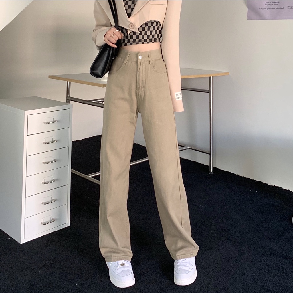 EUNII Jeans Wanita Khaki High Waist Korea Style Celana Panjang