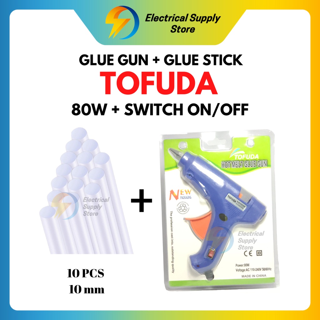 PAKET GLUE GUN / LEM TEMBAK 80W + SWITCH TOFUDA &amp; REFILL GLUE GUN STICK PANJANG 27 CM DIAMETER 10 MM
